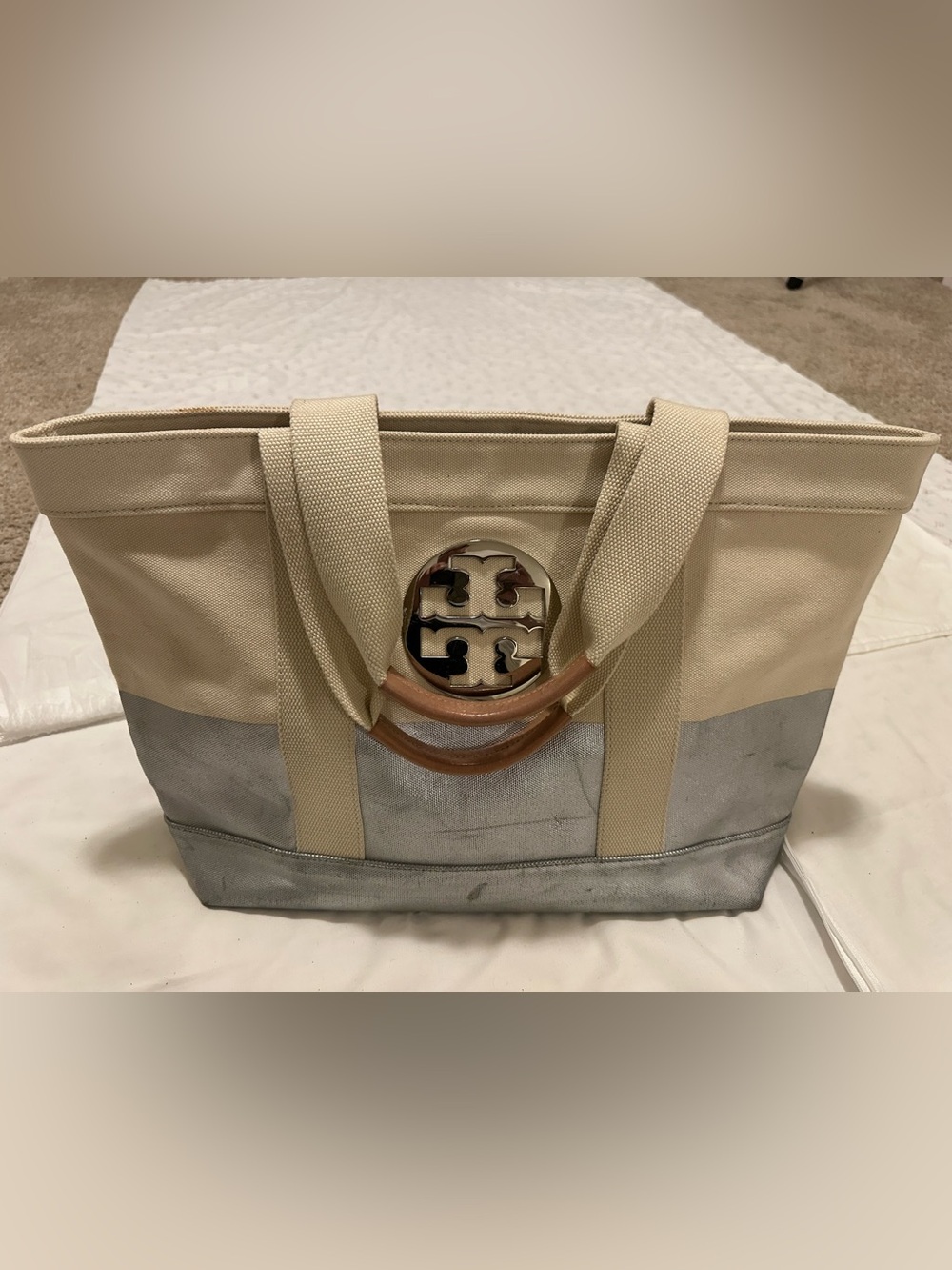 Tory Burch Two-Tone Canvas Tote in Cream and Silver Metallic